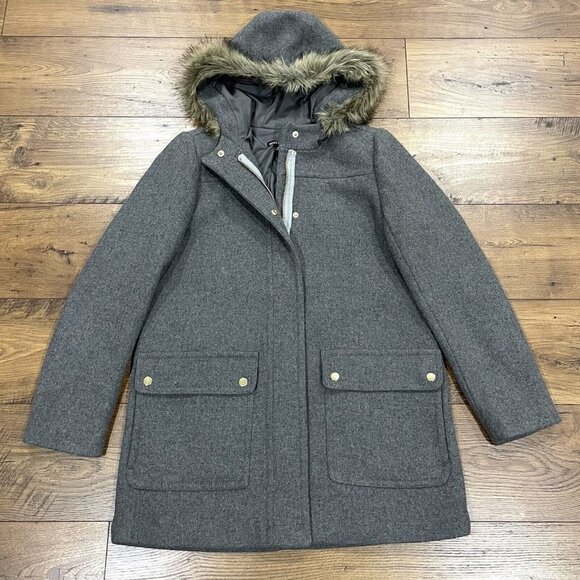 J Crew Coat Womens 8 Vail Parka Gray Wool Blend Faux Fur Trim Hood Lined Jacket - Picture 1 of 13